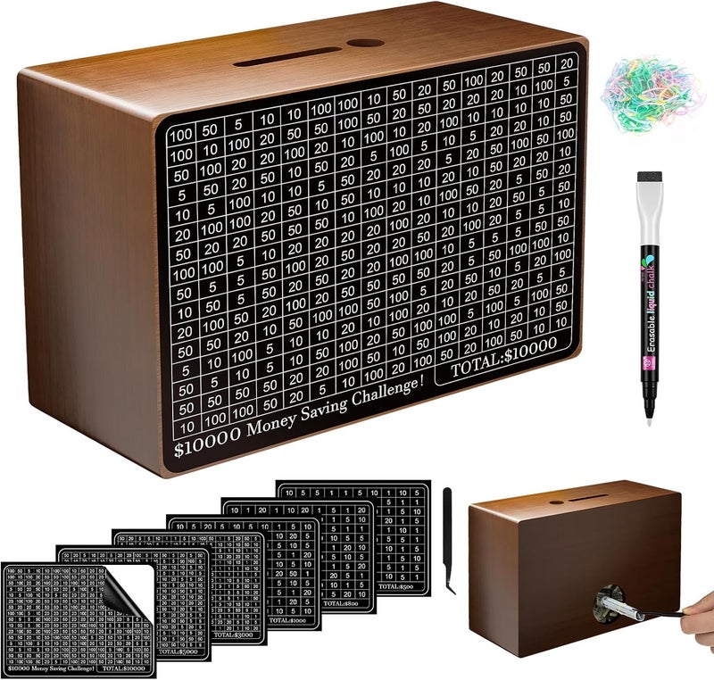 Gomyrod Wooden Money Saving Box, Cash Vault Savings Box for $10000 $5000 $3000 $1000 $800 $500 Target Money Saving Challenge, Reusable Money Box with Counter, Dry Erase Pen/Savings Trackers/Rubber Band-Brown - Image 1